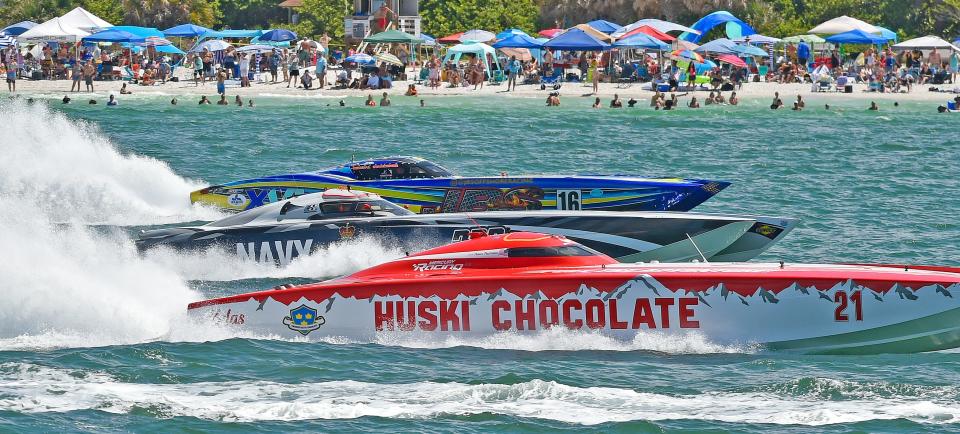 Huski Chocolate (21) with driver Brit Lilly and throttleman Steve Curtis took first in Class 1, which features the loudest and fastest boats on the water, at the 37th annual P1 Offshore Sarasota Grand Prix 2022. 222 Offshore Australia, with driver Darren Nicholson and throttleman Giovanni Carpitella finished second. The offshore races took place just off the shoreline of Lido Beach Sunday.