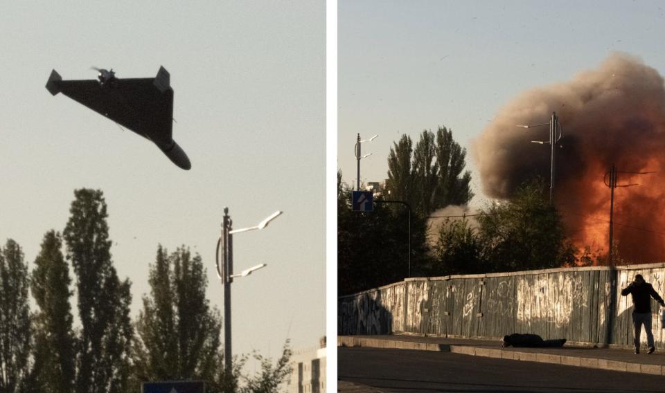 A composite photo showing a drone in the sky in Kyiv and the aftermath of it hitting in Kyiv, Ukraine, on October 17, 2022.