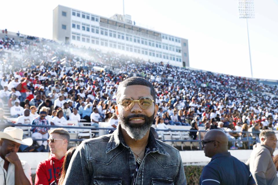 Fifty third Mayor of Jackson, Chokwe Antar Lumumba, smiles from the JSU sideline during the annual Soul Bowl college football game between the Jackson State University Tigers and the Alcorn State University Braves was held at the Mississippi Veterans Memorial Stadium in Jackson on Saturday, Nov. 18, 2023.