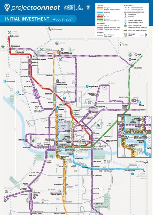 A portion of the map of plans for Project Connect, Austin's transit system expansion. On the map, the Broadmoor station will stop at Uptown ATX (Map courtesy: Project Connect and CapMetro)