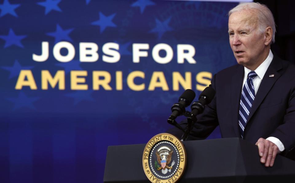 WASHINGTON, DC - FEBRUARY 03: US President Joe Biden delivers remarks about the latest jobs report in the South Court Auditorium in the Eisenhower Executive Office Building on February 03, 2023 in Washington, DC. According to the Labor Department, employers added 517,000 jobs in January, more than economists anticipated and sending the unemployment rate to its lowest level since 1969.(Photo by Chip Somodevilla/Getty Images) - Chip Somodevilla/Getty Images