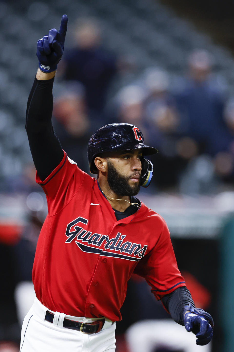 Cleveland Guardians' Amed Rosario (1) celebrates after hitting a game-winning single off Tampa Bay Rays relief pitcher Javy Guerra during the 10th inning of a baseball game, Wednesday, Sept. 28, 2022, in Cleveland. The Guardians defeated the Rays 2-1. (AP Photo/Ron Schwane)