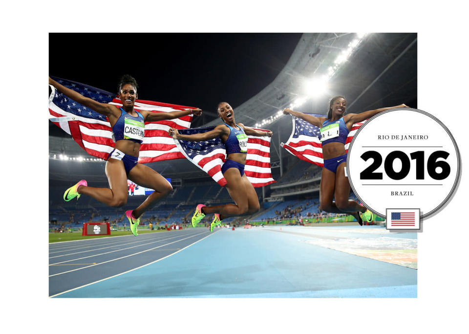 At the 2016 Summer Olympics in Rio, the US team swept the 100m hurdles event — winning gold, silver, and bronze medals — in matching outfits; including colorful shoes in electric green, yellow, and pink. (Getty Images)