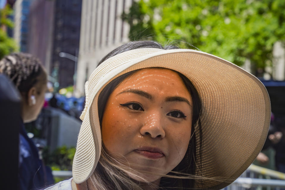 Rachel Pharn, 26, speaks with media outside Manhattan federal court, after making a victim statement at the sentencing hearing of convicted Islamic terrorist Sayfullo Saipov, Wednesday, May 17, 2023, in New York. Saipov, 35, carried out an attack on Halloween in 2017 when he ran his rented truck onto a bike path in lower Manhattan killing eight people and injuring eighteen, including Pharn. (AP Photo/Bebeto Matthews)
