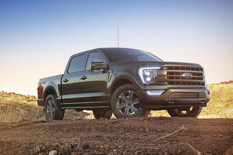 This photo provided by Ford shows the 2023 F-150. The truck's available PowerBoost hybrid powertrain makes 430 horsepower and can get up to an EPA-estimated 25 mpg. (Courtesy of Ford Motor Co. via AP)