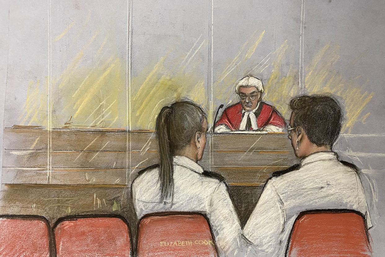 Court artist drawing of the judge addressing empty seats in the dock during the sentencing of Lucy Letby, who refused to attend (Elizabeth Cook/PA) (PA Wire)