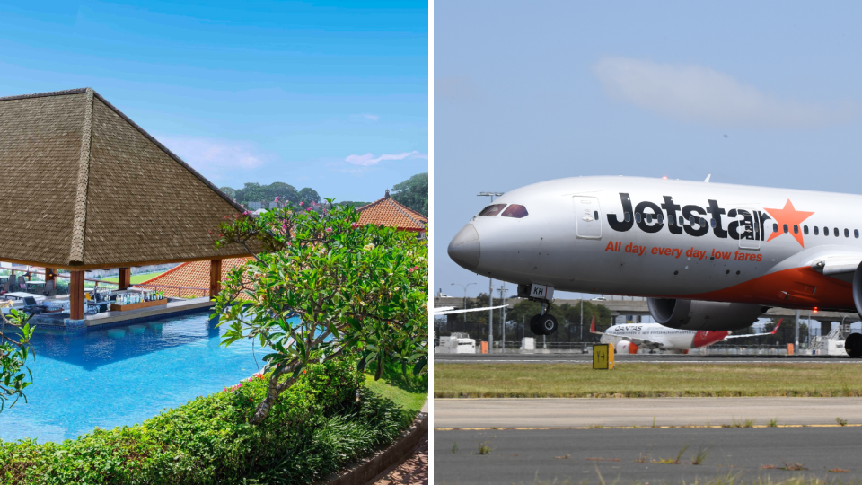 Composite image of Bali resort and Jetstar plane.