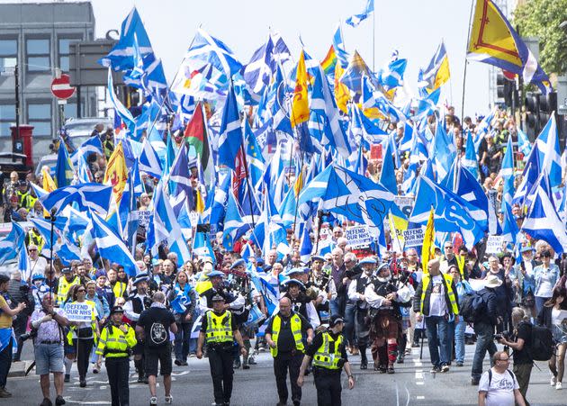 Scottish independence supporters march through Glasgow during an All Under One Banner march. Picture date: Saturday May 14, 2022. (Photo: Lesley Martin via PA Wire/PA Images)