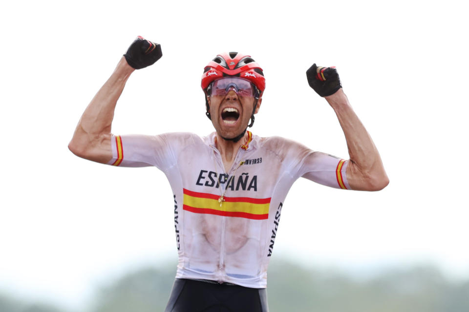 IZU, JAPAN - JULY 26: David Valero Serrano of Team Spain crosses the finish line celebrating his third place during the Men's Cross-country race on day three of the Tokyo 2020 Olympic Games at Izu Mountain Bike Course on July 26, 2021 in Izu, Shizuoka, Japan. (Photo by Michael Steele/Getty Images)