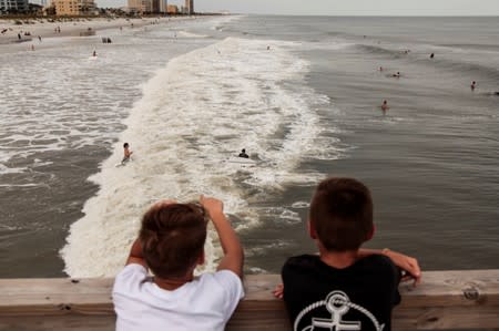 Two young boys watch dozens of surfers on the water at Jacksonville Beach Pier in Jacksonville