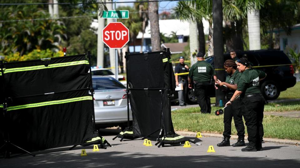 A jury found Nicholas Koontz guilty of manslaughter after he shot and killed a man after a road rage incident, prosecutors say. Manatee County Sheriff’s Office deputies investigate the scene of the deadly shooting on Oct. 12, 2021.