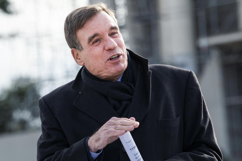 UNITED STATES - DECEMBER 7: Sen. Mark Warner, D-Va., makes remarks after being presented the National Park Foundations Hero award for his leadership in passing the Great American Outdoors Act and his overall extraordinaryservice and commitment to the betterment of national parks, during a ceremony at the Thomas Jefferson Memorial on Monday December 7, 2020. (Photo By Tom Williams/CQ-Roll Call, Inc via Getty Images)