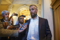 Michael Fanone, a Washington Metropolitan Police officer who was attacked and beaten during the Jan. 6, attack on the Capitol, speaks to reporters as he leaves a meeting with House Minority Leader Kevin McCarthy, R-Calif., at the Capitol in Washington, Friday, June 25, 2021. House Speaker Nancy Pelosi announced Thursday she's creating a special committee to investigate the attack by a mob of Trump supporters who sought to interrupt the certification of Joe Biden's presidential election victory. (AP Photo/J. Scott Applewhite)