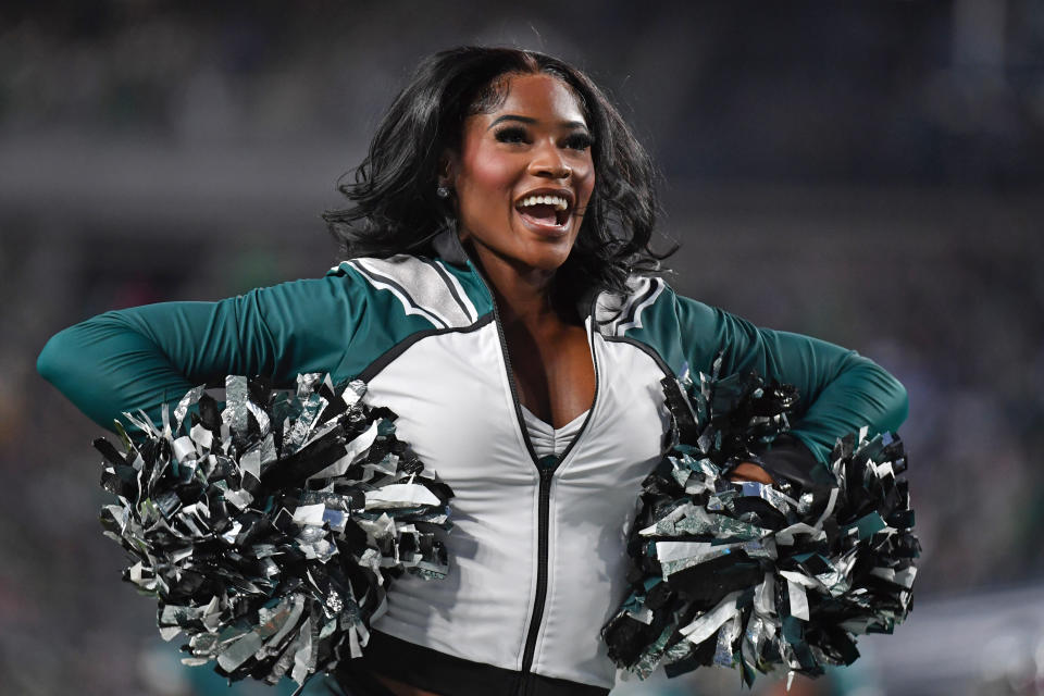 Nov 5, 2023; Philadelphia, Pennsylvania, USA; Philadelphia Eagles cheerleader performs against the Dallas Cowboys at Lincoln Financial Field. Mandatory Credit: Eric Hartline-USA TODAY Sports