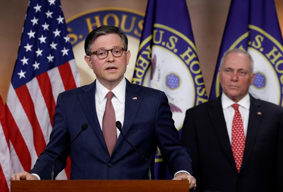 U.S. Speaker of the House Mike Johnson, R-La., ( speaks alongside House Majority Whip Steve Scalise, R-La., at a press conference following a House Republican conference meeting at the U.S. Capitol on June 12, 2024 in Washington, DC.