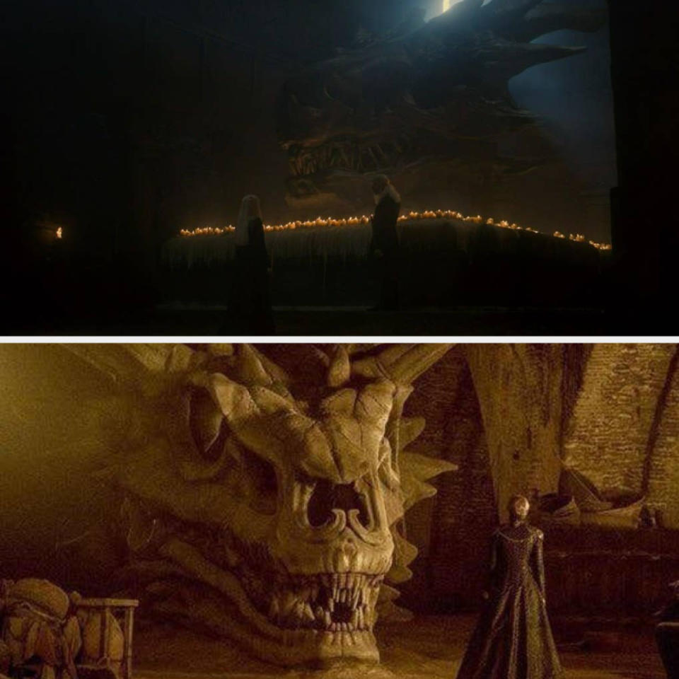 Rhaenyra and Viserys stand in front of Balerion's skull that is surrounded by candles