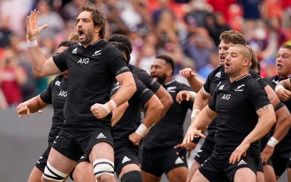 New Zealand's captain Sam Whitelock, left, leads the haka ahead of the rugby international between the All Blacks and the USA Eagles at FedEx Field in Landover, Md., Saturday, Oct. 23, 2021. - AP