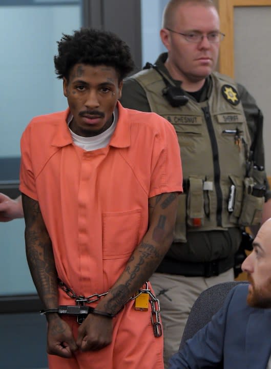 Rapper NBA YoungBoy, whose legal name is Kentrell DeSean Gaulden, is seen handcuffed in Utah’s 1st District Court on May 9, 2024. (credit: KTVX)
