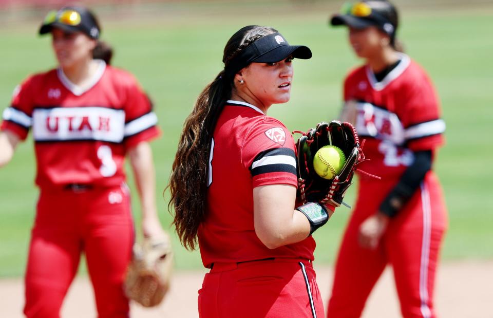 Utah pitcher Mariah Lopez, looks toward home plate during a pause in play as the University of Utah softball team plays Ole Miss in NCAA softball regional championship at Utah in Salt Lake City on Sunday, May 21, 2023. Utah won 4-1. | Scott G Winterton, Deseret News