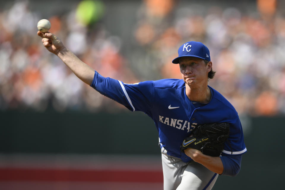 Kansas City Royals starting pitcher Brady Singer throws during the first inning of a baseball game against the Baltimore Orioles, Saturday, June 10, 2023, in Baltimore. (AP Photo/Nick Wass)