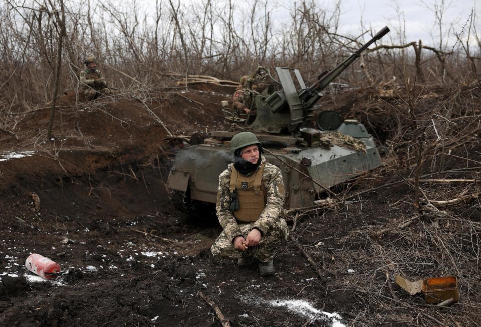 PHOTO: Ukrainian anti-aircraft gunners of the 93rd Separate Mechanized Brigade Kholodny Yar monitor the sky from their positions in the direction of Bakhmut in the Donetsk region, amid the Russian invasion of Ukraine, on Feb. 20, 2024.  (Anatolii Stepanov/AFP via Getty Images)