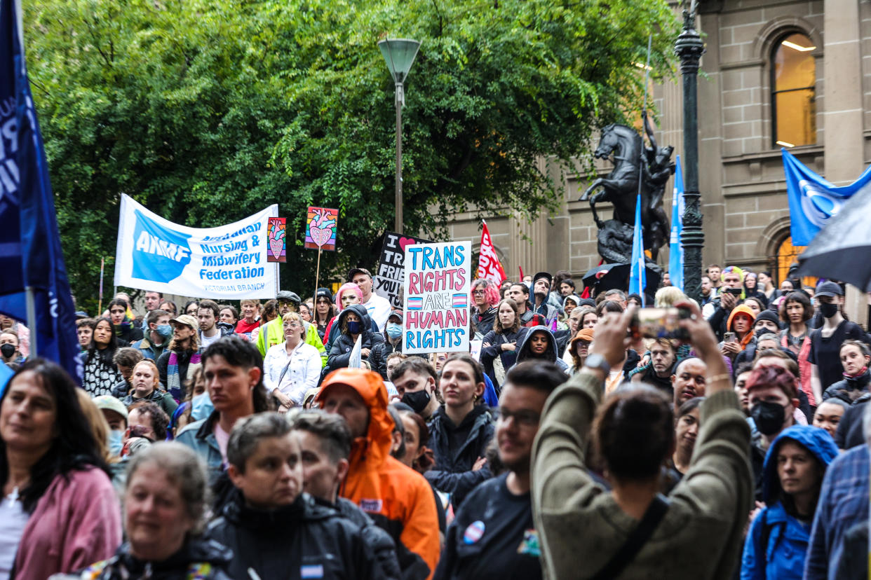 Crowds of pro trans rights people gather in front of the State Library of Victoria on March 31, 2023 in Melbourne, Australia. (Tamati Smith / Getty Images)