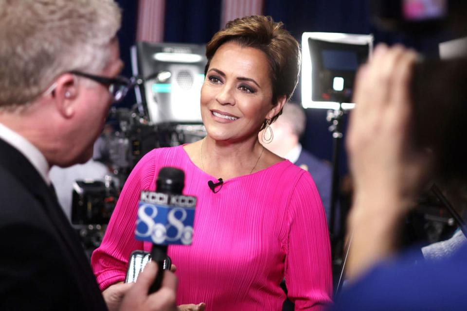 Candidate for U.S. Senate Kari Lake arrives at the caucus night party hosted by Republican presidential candidate former U.S. President Donald Trump at the Iowa Events Center on Jan. 15, 2024, in Des Moines, Iowa.