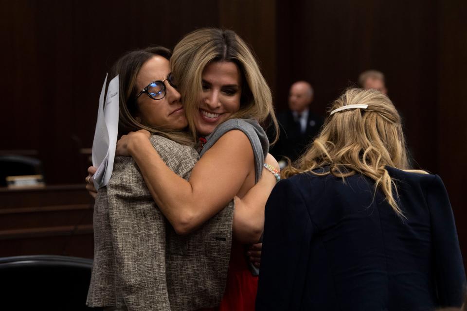 Covenant parents, Sara Shoop Neumann hugs Mary Joyce, following a House committee meeting where an autopsy records bill was discussed and voted on at Cordell Hull State Office Building in Nashville , Tenn., Wednesday, Aug. 23, 2023.