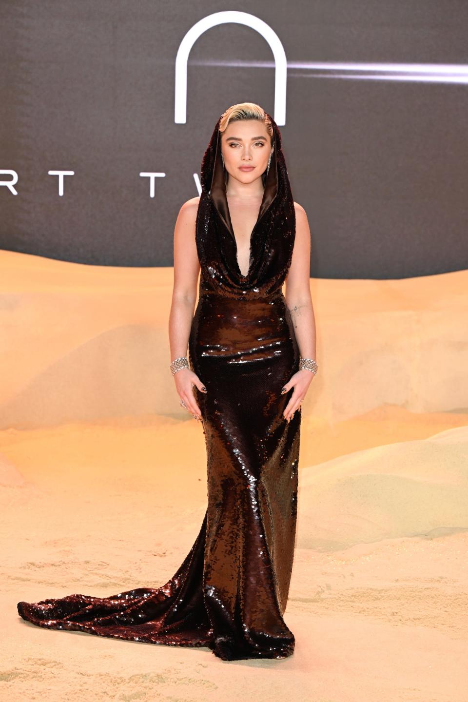 Florence Pugh attends "Dune: Part Two" premiere in London in February 2024.