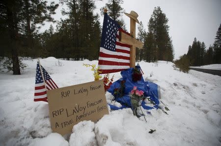 A memorial for Robert "LaVoy" Finicum is seen where he was shot and killed by law enforcement on a highway north of Burns, Oregon January 30, 2016. REUTERS/Jim Urquhart