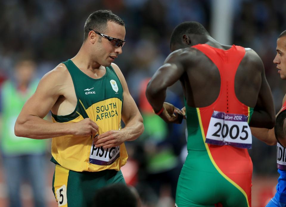 Pistorius (left) with Kirani James of Grenada after the Men's 400m semifinal in the 2012 London Olympics.