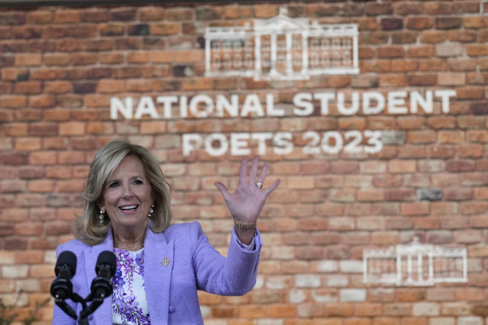 First lady Jill Biden speaks as she hosts an event to celebrate National Student Poets in the South Court Auditorium on the White House complex in Washington, Monday, Nov. 13, 2023. (AP Photo/Susan Walsh)