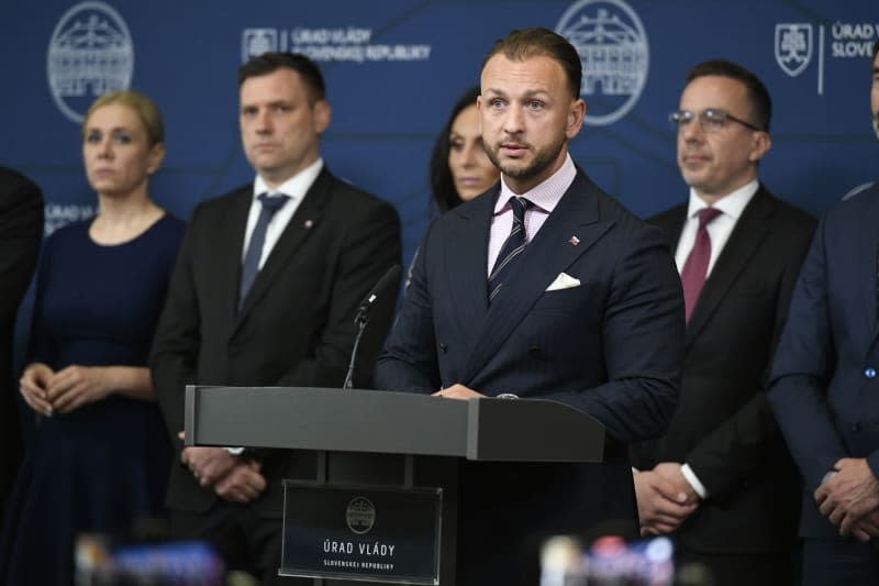 Minister of Interior of the Slovak Republic Matus Sutaj-Estok (C) speaks during a press conference after an extraordinary meeting of the Security Council of the Slovak Republic in Bratislava. Slovak Prime Minister Robert Fico was shot after a government meeting in Handlova on Wednesday. Pavel Neubauer/TASR/dpa