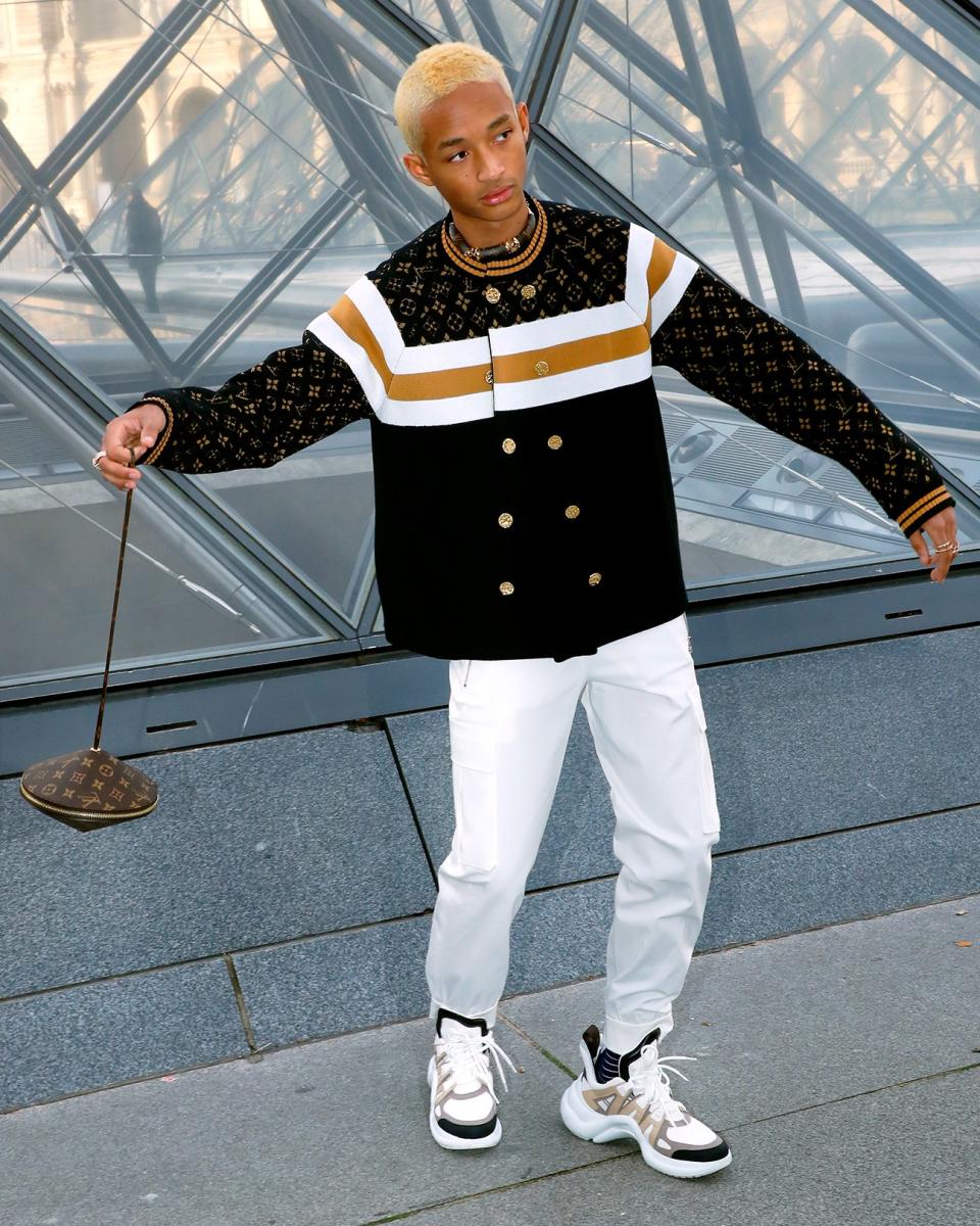 Jaden Smith hits the Louis Vuitton show in Paris carrying an Unidentified Flying Jawn.