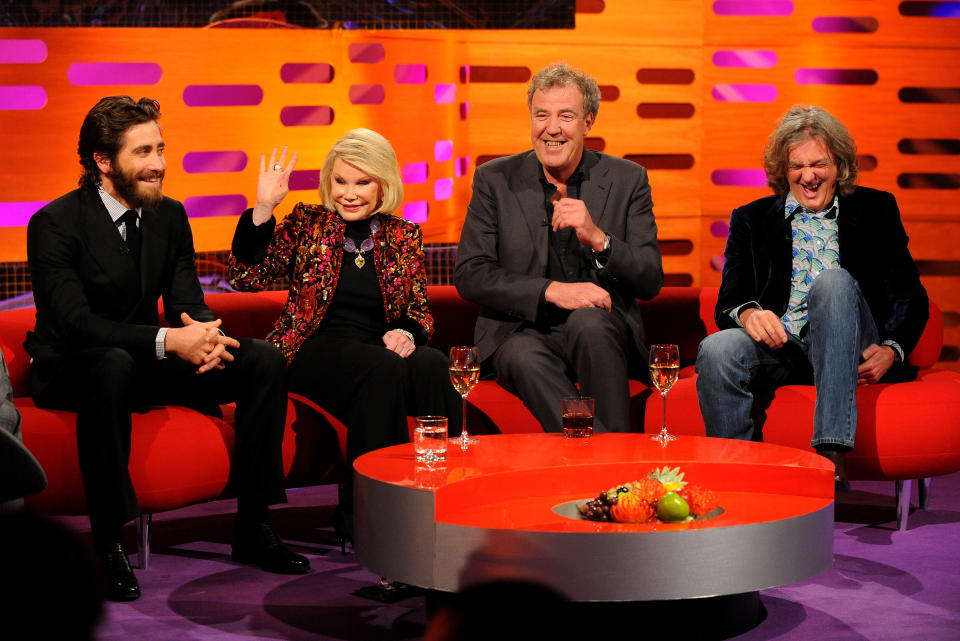 (Left - right) Jake Gyllenhaal, Joan Rivers, Jeremy Clarkson and James May during the filming of the Graham Norton Show at The London Studios, south London, to be aired on BBC One on Friday evening. PRESS ASSOCIATION Photo. Picture date: Thursday November 29, 2012. Photo credit should read: Ian West/PA Wire