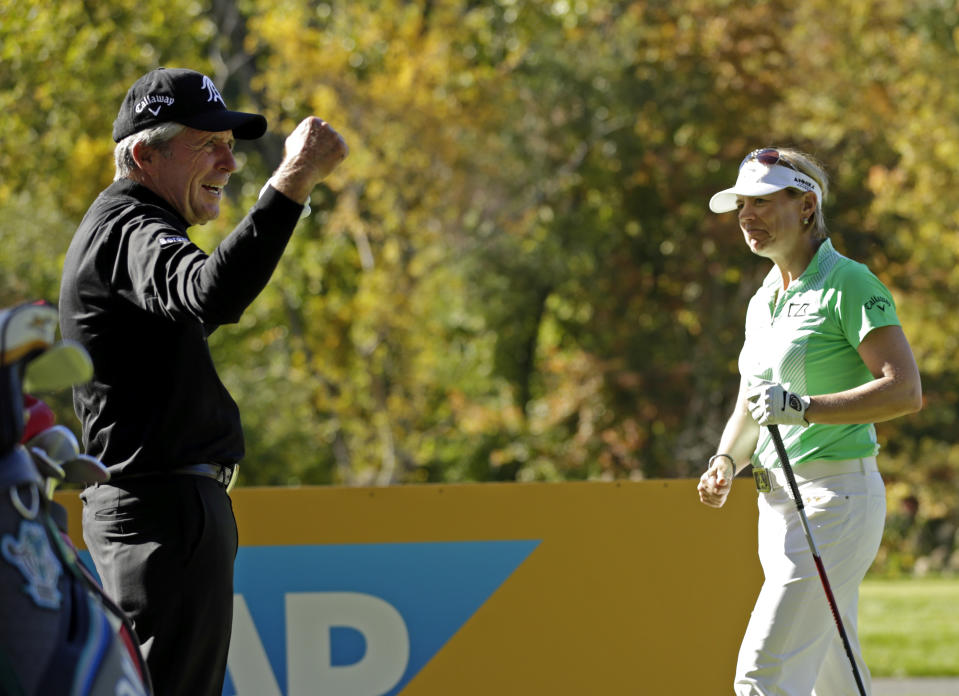 Gary Player reacts after hitting a longer tee shot then Annika Sorenstam on the 15th hole during the Berenberg Gary Player Invitational Pro-Am held at GlenArbor Golf Club on October 12, 2015 in Bedford Hills, New York. (Photo by Adam Hunger/Getty Images)