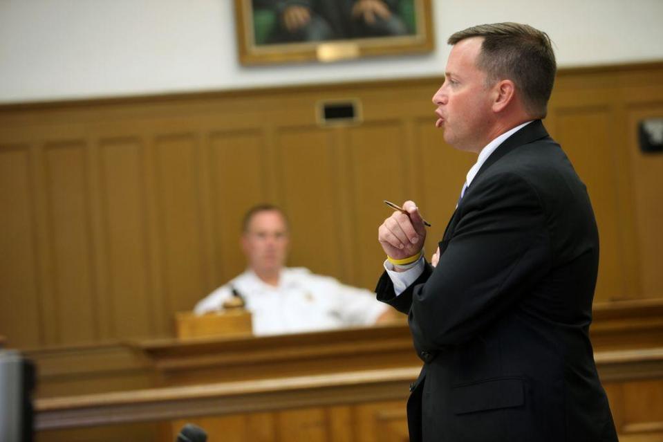 Thomas Flanagan, a Plymouth County assistant district attorney, addresses the court during an arraignment in Brockton Superior Court in 2010.
