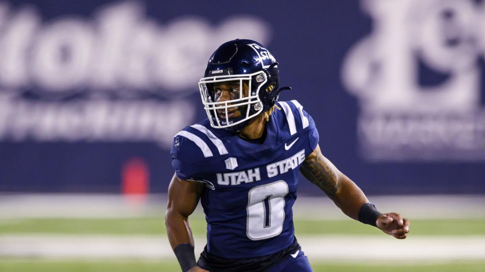 Utah State wide receiver Terrell Vaughn runs in motion pre-snap during game on Saturday, Oct. 7, 2023 in Logan, Utah. Vaughn, part of a trio of outstanding Aggie receivers on this year’s team, considers Utah State co-offensive coordinator and receivers coach Kyle Cefalo one of his best friends. | Tyler Tate, Associated Press
