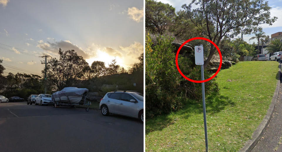 Left, the boat trailer is parked on the street alongside cars. Right, the restrictive parking sign further up the street.