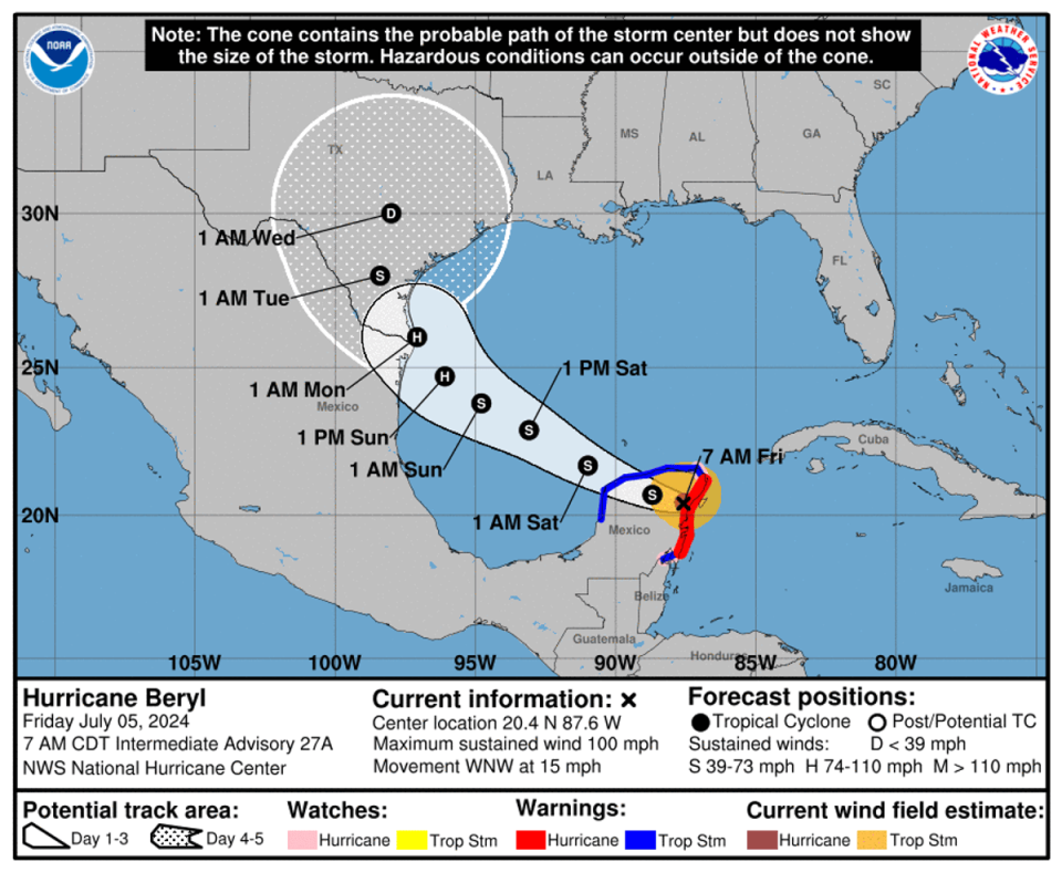 Map shows warnings and forecast for Hurricane Beryl (NHC)