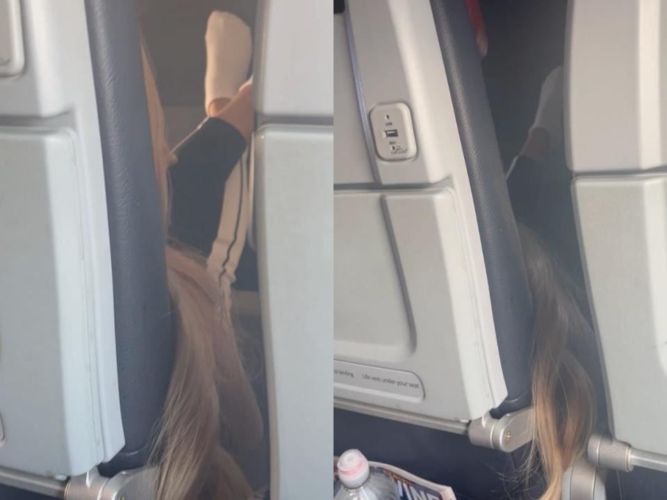 Images of a passenger with their legs up on the wall of an aircraft.