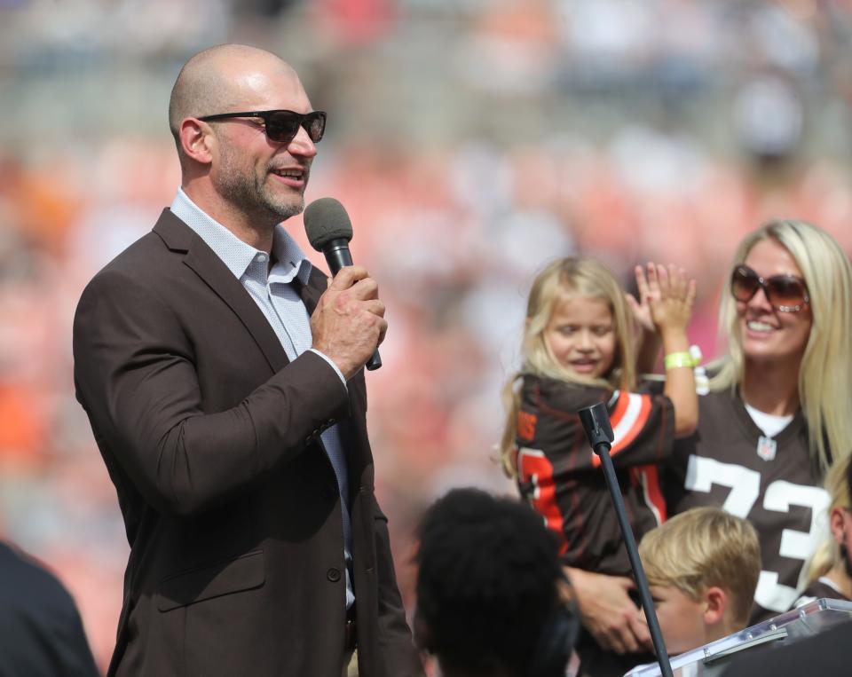 Former Browns offensive tackle Joe Thomas addresses the crowd after being inducted into the Browns Ring of Honor during halftime Sunday, Sept. 18, 2022 in Cleveland.