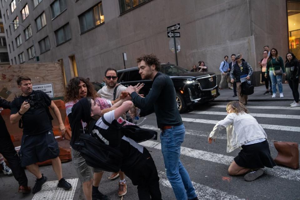 A pro-Israel supporter clashes with anti-Israel protesters in Manhattan on May 21. 2024. Adam Gray for the New York Post