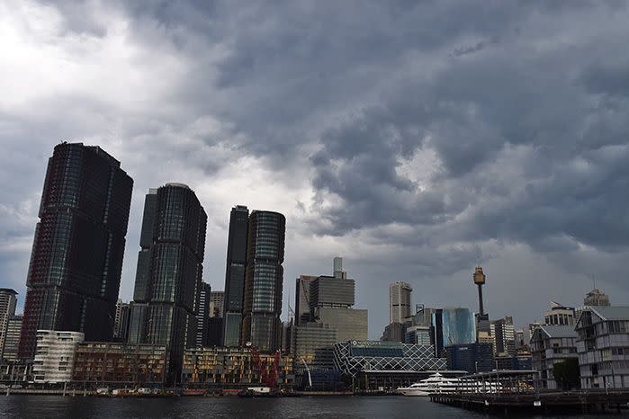 A thunderstorm passes over the CBD in Sydney