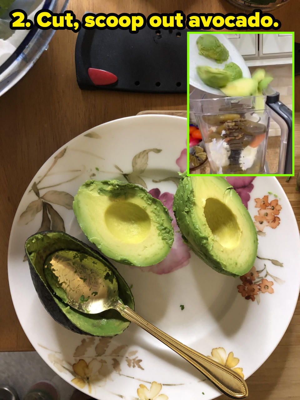 (insert) cardi b dropping avocados into blender (right) avocado removed from skin