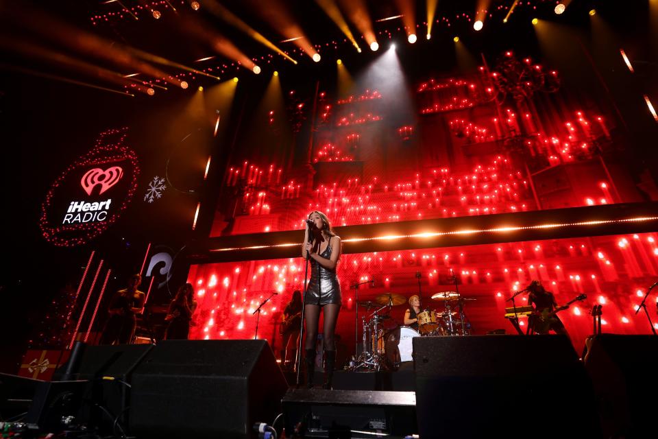 Olivia Rodrigo performs on stage at iHeartRadio 102.7 KIIS FM's Jingle Ball 2023 on Friday.