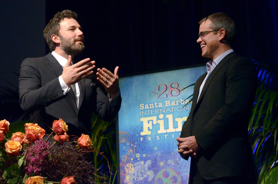 Ben Affleck, left, and Matt Damon attend the Modern Master Award Ceremony at the Santa Barbara International Film Festival on Friday, Jan.25, 2013, in Santa Barbara, Calif. (Photo by Richard Shotwell/Invision/AP)