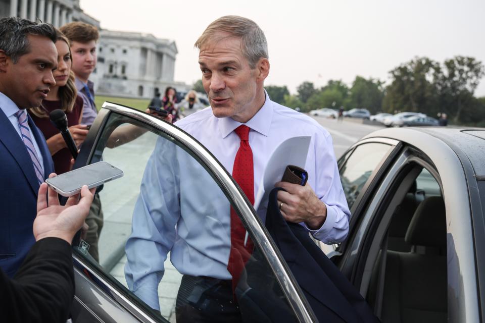 Jim Jordan speaks to reporters outside the US Capitol building on 19 July, 2021 (Getty Images)