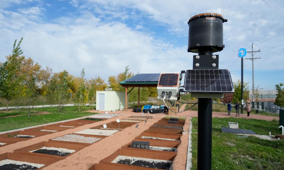 A monitoring device is used as a rain gage and for monitoring the water level in the underground cistern at Green Tech Station, an open-air classroom, greenspace and a green infrastructure demonstration site at 4101 N. 31st St. in Milwaukee on Wednesday, Oct. 18, 2023. The site provides opportunities to learn about the environment while redirecting stormwater runoff and allows for research and product testing for water-based technologies.