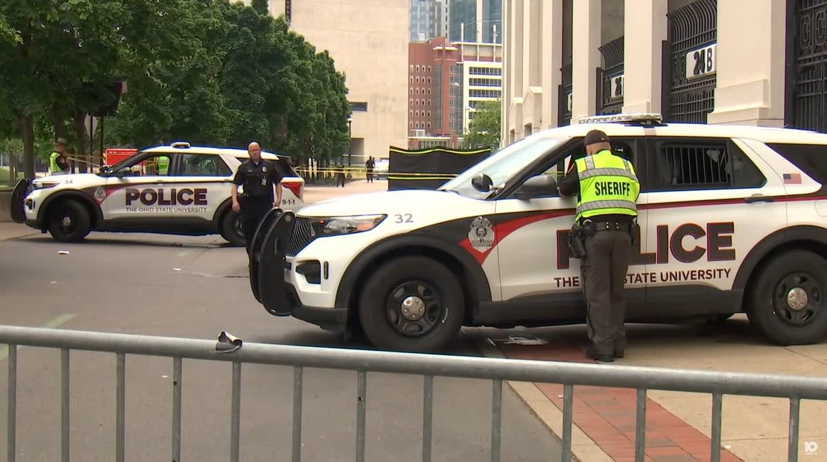 Emergency services were seen outside the Ohio State Stadium in Columbus after a woman fell to her death on 5 May 2024 (WBNS)